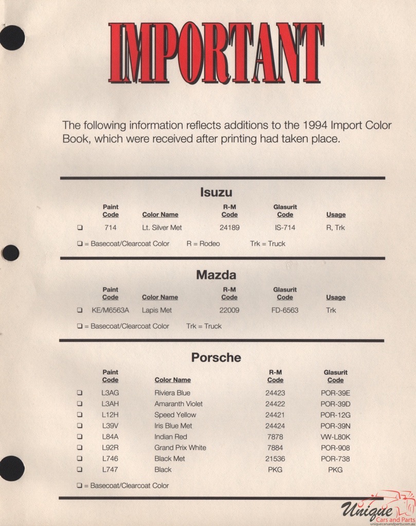 1994 Porsche Paint Charts RM 3